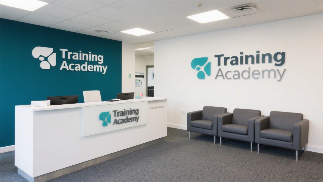 Professional office reception area with clean signage and seating, suggesting a welcoming training academy location in Dublin for visitors