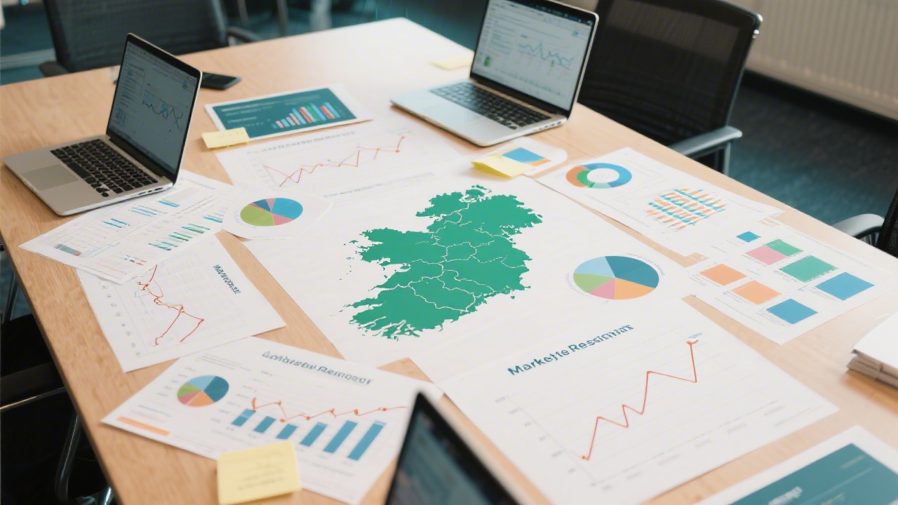 Market research table with maps of Ireland, analytics printouts, and laptops showing trend lines, illustrating localized digital strategy planning for Irish audiences