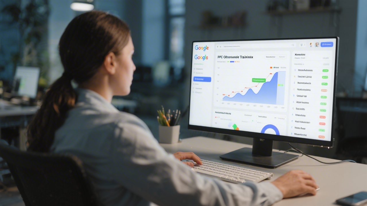 Marketing professional working on Google Ads interface with campaign charts and keyword lists on screen, representing PPC optimization training