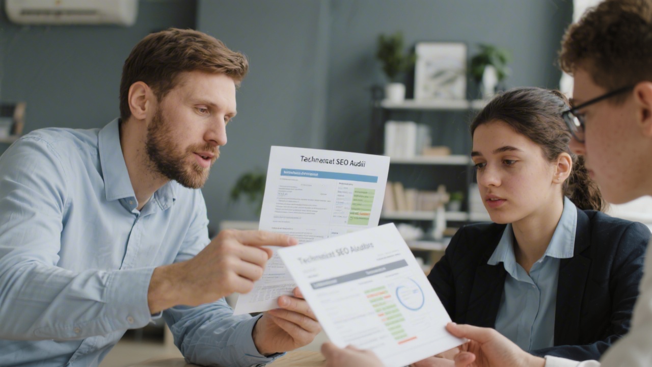 Instructor and learners examining technical SEO findings on a projected audit report, capturing educational focus on website optimization