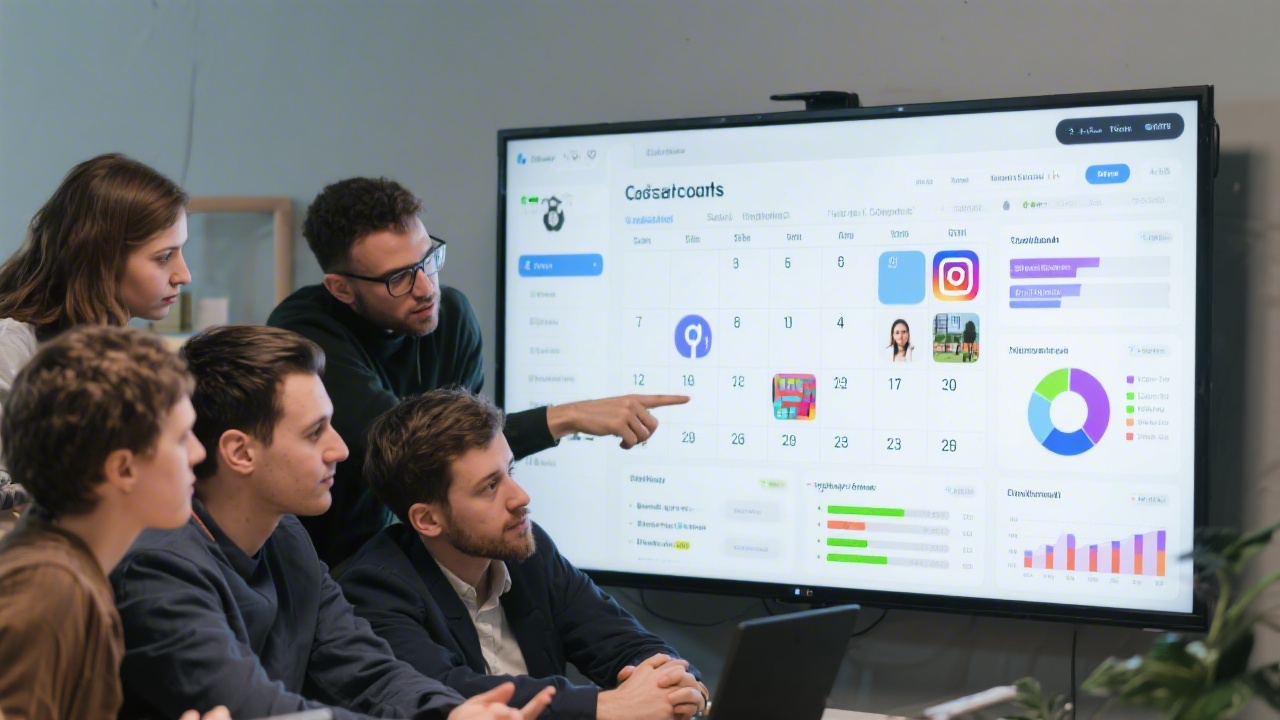 Team reviewing social media content calendar and engagement insights on a large screen, highlighting planning processes for social media marketing campaigns